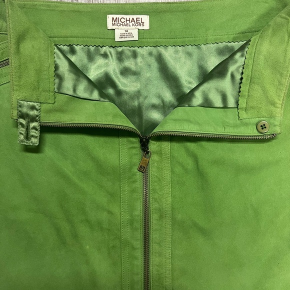 MICHAEL KORS green suede leather front two way zip pencil mini skirt sz 14 - Picture 3 of 8
